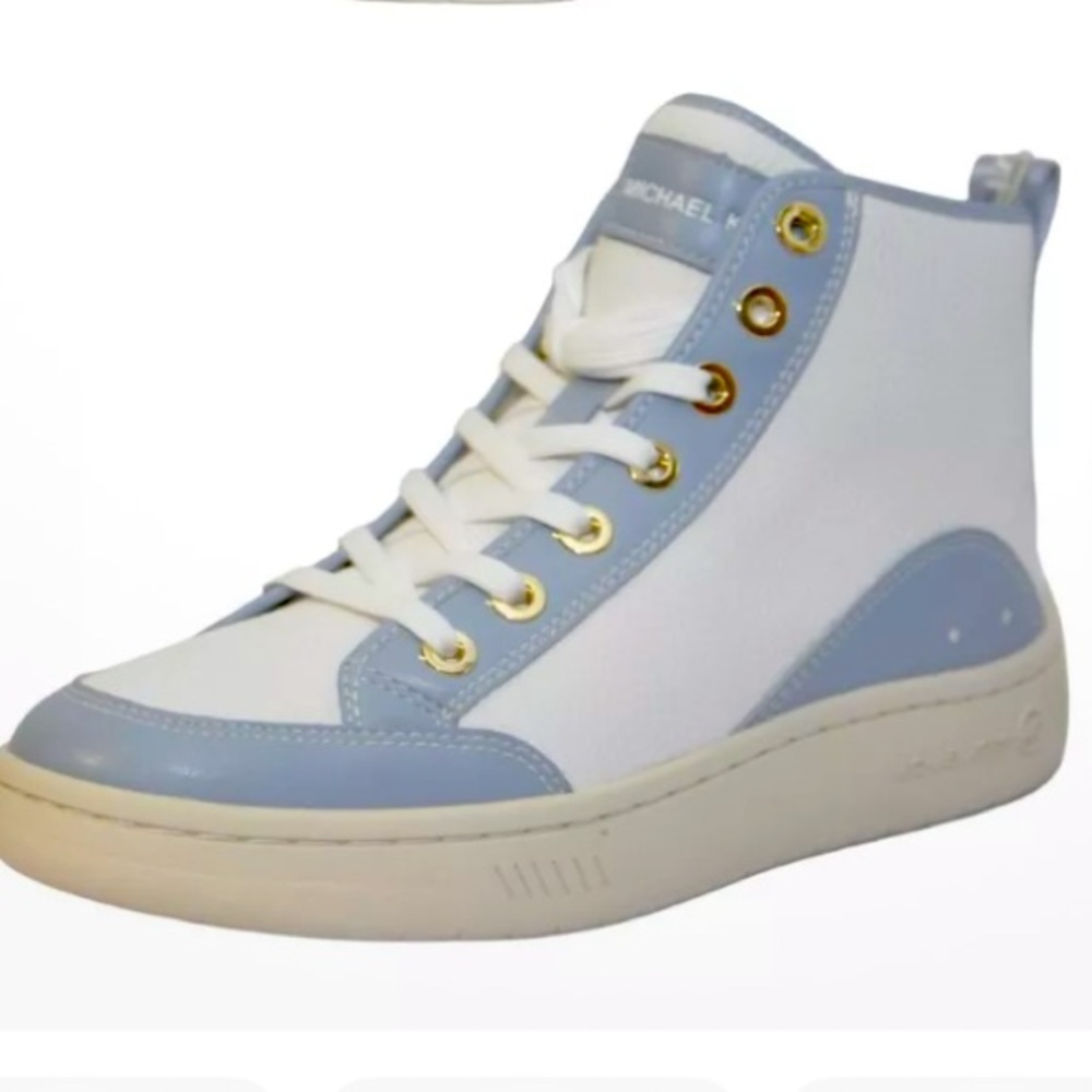 ✅Michael Kors Shea Mid High Top Two-Tone Faux Leather Sneaker Blue/White $225